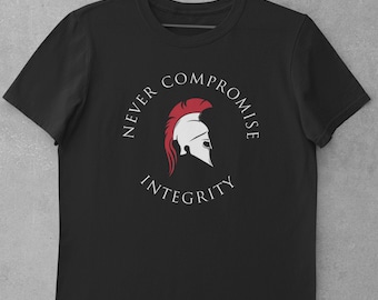May include: Black t-shirt with a white circle graphic featuring a Spartan helmet with a red plume. The text "Never Compromise Integrity" is written around the helmet.