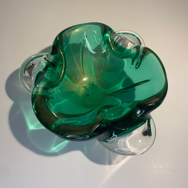 Murano Green and Gold Flake flower ashtray