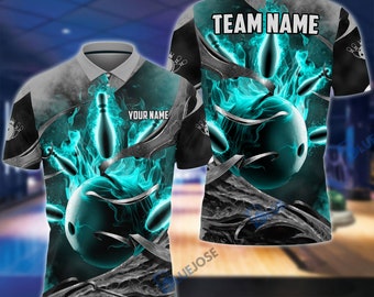 Fire Gray Bowling and Pins Personalized Name Team Name Cyan Color 3D Shirt