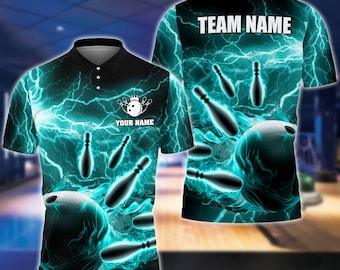 Gepersonaliseerde naam en teamnaam Thunder Color Bowling Speler Cyaan 3D Shirt