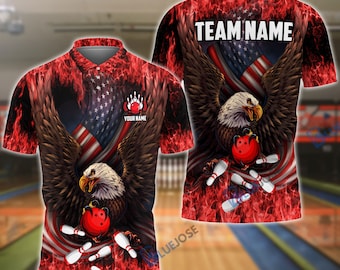 Chemise 3D personnalisée avec nom drapeau américain Bowling And Pins, motif rouge, motif aigle américain