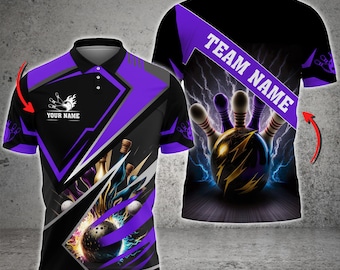 Bowling en pins Premium paars op maat gemaakt 3D-shirt met naam