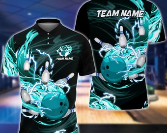 Bowling And Pins Cyan Breath Of Thunder Flame Customized Name 3D Shirt