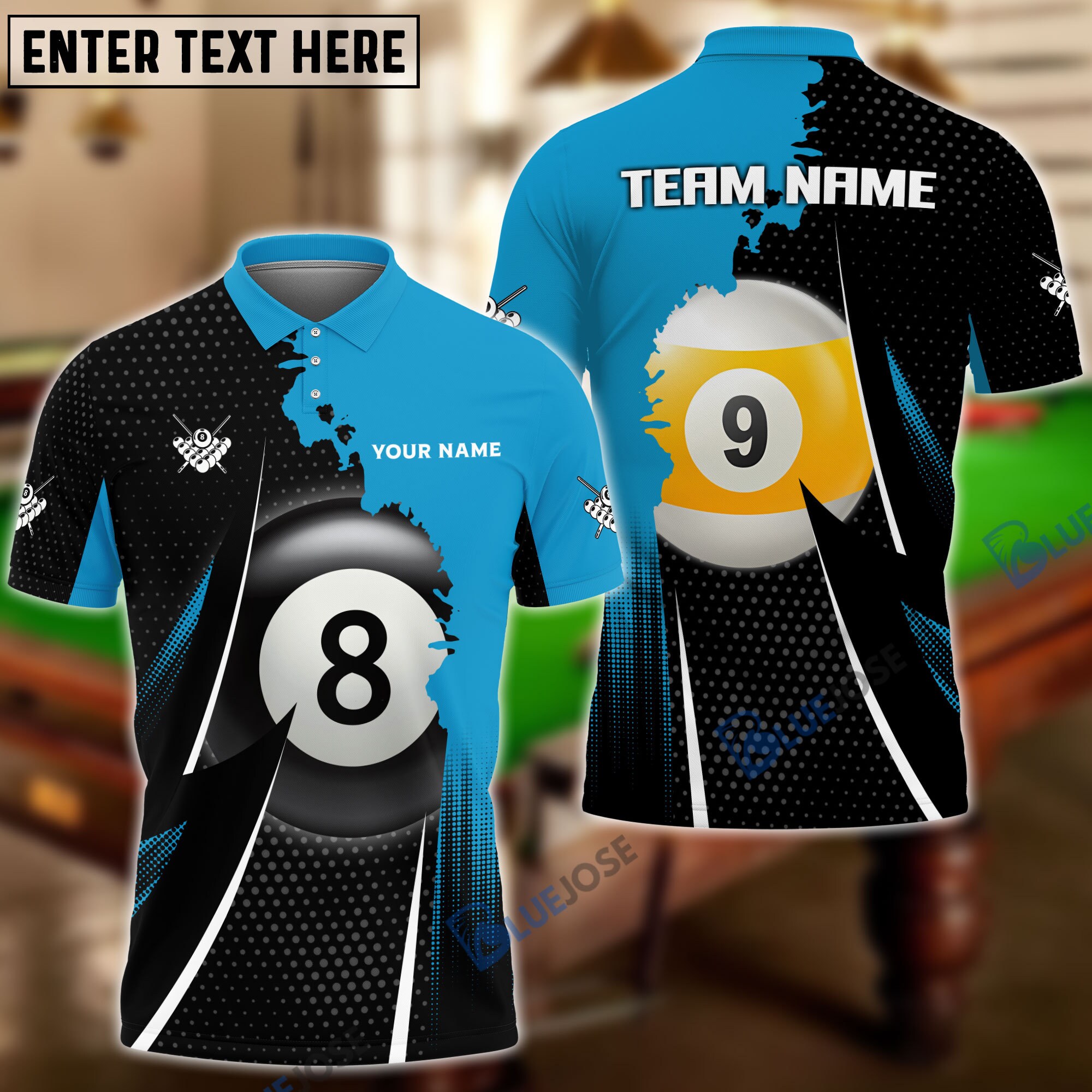 Discover 8Ball & 9Ball Billiards Blue Personalized Name, Team Name Polo Shirt