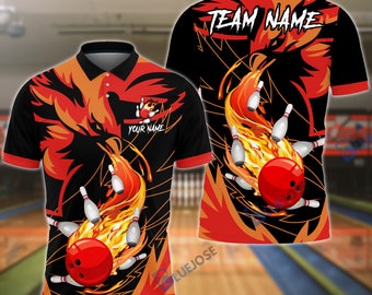 T-shirt rouge Phoenix de feu avec nom personnalisé Bowling And Pins