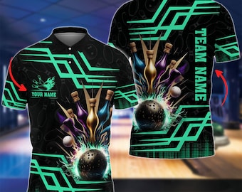 Bowling And Pins Royal Grey Green Option Customized Name 3D Shirt