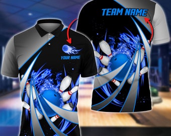 Chemise 3D avec nom personnalisé, motif de fumée bleue, Bowling et épingles