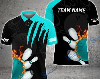 Bowling und Pins Cyan Scratch Customized Name 3D Shirt