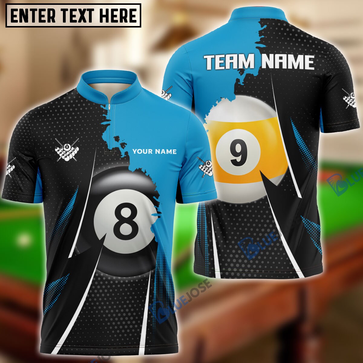 Discover 8Ball & 9Ball Billiards Blue Personalized Name, Team Name Polo Shirt