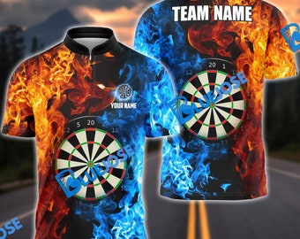 Darts Zwei Seiten Flamme Orange Blau Personalisierter Name, Team Name 3D Shirt