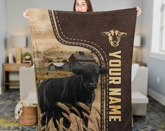 Unijames Personalized Name Black Angus Leather Pattern Blanket