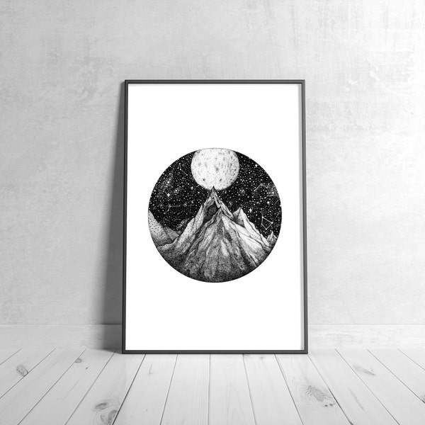 Mountain Art Print - A4 Illustration - Dot work Pen Drawing - A4 Portrait Print on Recycled Paper - Hand Drawn Art