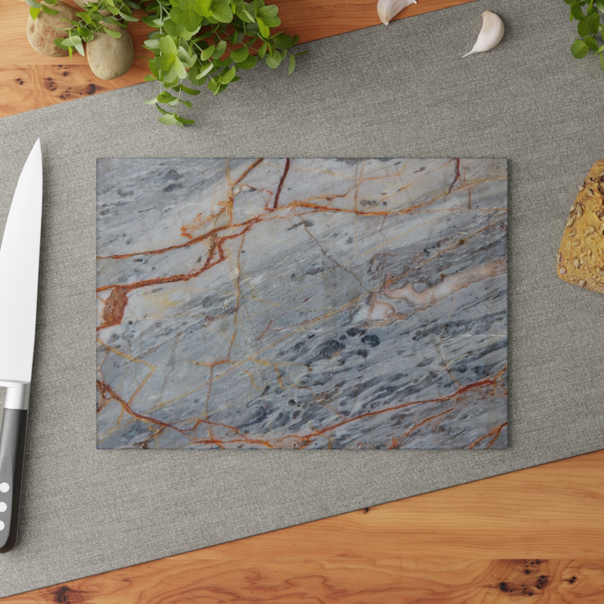 Gray Marble Glass Cutting Board Elegant Kitchen Decor Stylish Serving