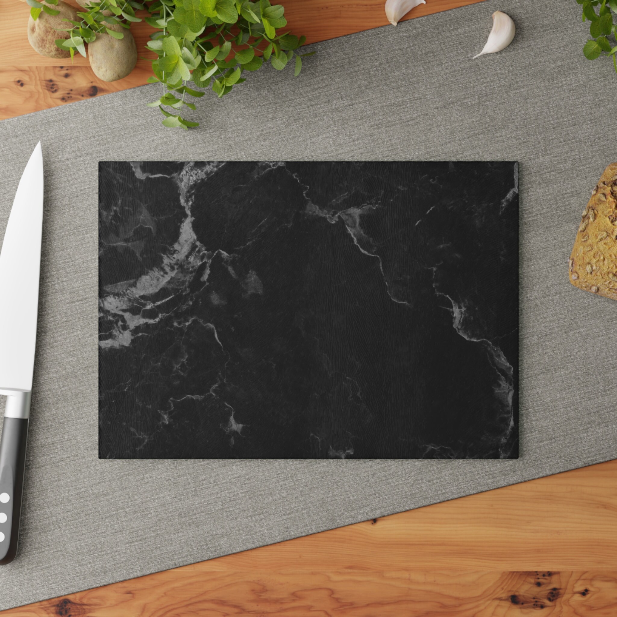 Black Marble Glass Cutting Board Elegant Kitchen Decor Stylish Serving