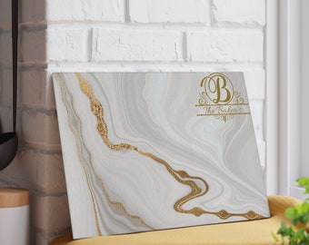 White Marble Monogram Glass Cutting Board - Elegant Kitchen Decor - Personalized Serving Tray - Modern Housewarming Gift