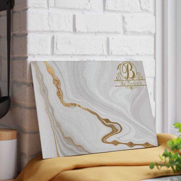 White Marble Monogram Glass Cutting Board - Elegant Kitchen Decor - Personalized Serving Tray - Modern Housewarming Gift