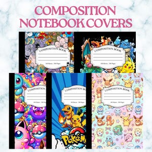 May include: Five composition notebooks featuring various colorful character illustrations and patterns. Each notebook cover displays a central white label with the text COMPOSITION BOOK, 100 Sheets - 200 Pages, and black lines for writing names or subjects.