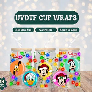 Christmas Disney Characters Lights UV DTF Wrap | 16oz Libbey Glass Cup | Holiday Ornament Design | Festive Cup Wrap Gift