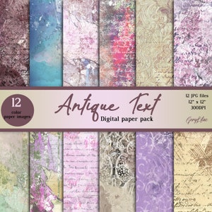 Könnte beinhalten: Ein digitales Papierpaket mit 12 Bildern mit antikem Text und verschiedenen Texturen in Lila-, Blau-, Beige- und Grüntönen. Die Anzeige enthält den Text Antique Text, 12 color paper images, 12 JPG files, 12 inches by 12 inches, 300DPI.