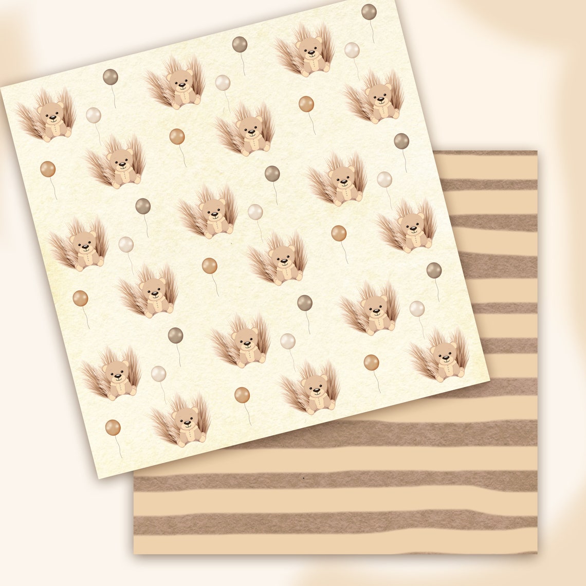 Boho Bear Digital Paper Brown Bear Balloon Pampas Paper Etsy