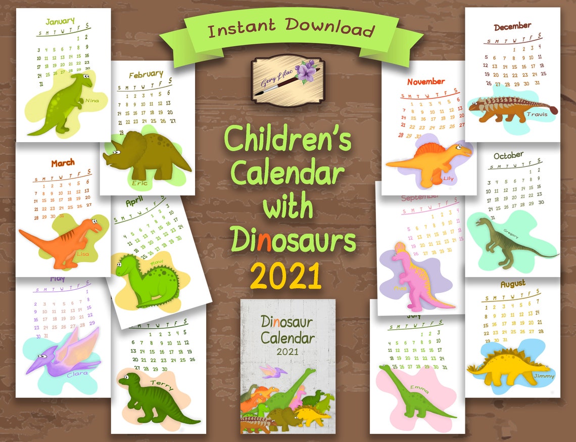 Calendar with Dinosaurs 2021. Children's Dinosaur Etsy