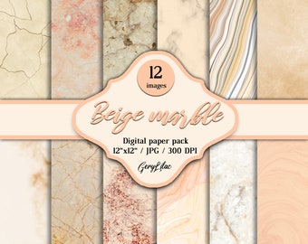 May include: A digital paper pack featuring 12 images of beige marble textures. The collection includes various patterns such as cracked stone, swirling veins, and speckled surfaces in shades of cream, tan, and peach, labeled 12"x12" / JPG / 300 DPI.