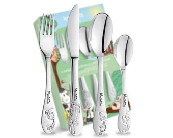 Kinderbesteck personalisiert mit Gravur - Taufe Geschenk individualisiert - spülmaschinengeeignet/Taufgeschenk Jungen - Besteck mit Gravur