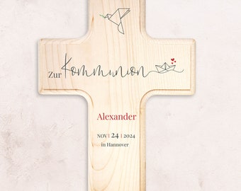 Kommunionskreuz - personalisiertes Geschenk zur Kommunion - Holzkreuz mit Name, Datum und Maritim Motiv - Erstkommunion - Kommunionsgeschenk