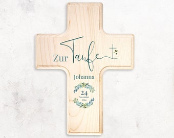 Taufkreuz - personalisiertes Geschenk zur Taufe - Holzkreuz mit Name, Datum und Kranzsymbol - Ersttaufe - Taufgeschenk