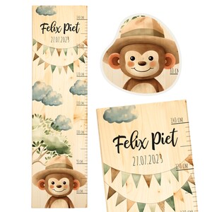 Messlatte Kinder personalisiert - Safari-Abenteuer - Holz 20x70cm - Skala 80-140cm - Einzigartiges Geschenk zur Taufe und Geburtstag - Affe