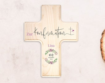 Konfirmationskreuz - personalisiertes Geschenk zur Konfirmation - Holzkreuz mit Name, Datum und Kranzsymbol - Konfirmationsgeschenk
