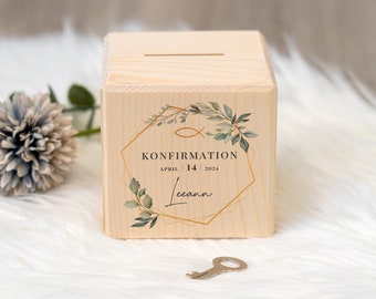 Personalisierte Spardose aus Holz - individuell mit Namen als Geschenk zur Konfirmation - Christliches Konfirmationsgeschenk