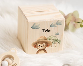 Personalisierte Spardose aus Holz mit Affenmotiv und Namen - Ein lustiges Geschenk für kleine Sparfüchse - Geschenk für Kinder