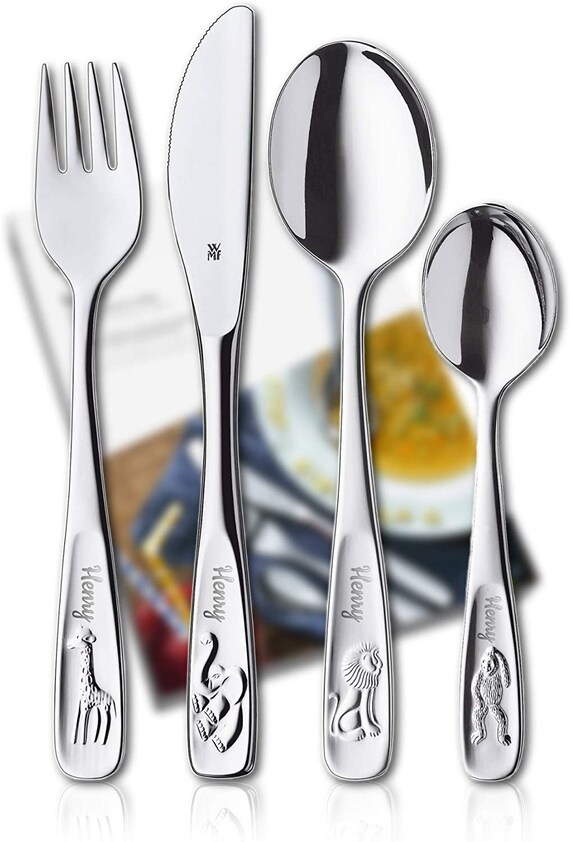 / Made of Stainless Steel / 2 Colours and 4 Fonts Selectable WMF Childrens Cutlery Set with Engraving All 4 Engraved with Name MotiveDwarves / 4 Pieces 