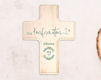 Konfirmationskreuz - personalisiertes Geschenk zur Konfirmation - Holzkreuz mit Name, Datum und Kranzsymbol - Konfirmationsgeschenk