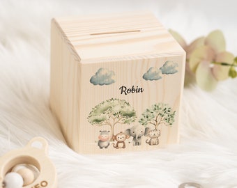 Personalisierte Spardose aus Holz mit Tiermotiv und Namen - Safari-Sparabenteuer - Geschenk für Kinder zur Einschulung oder Taufe