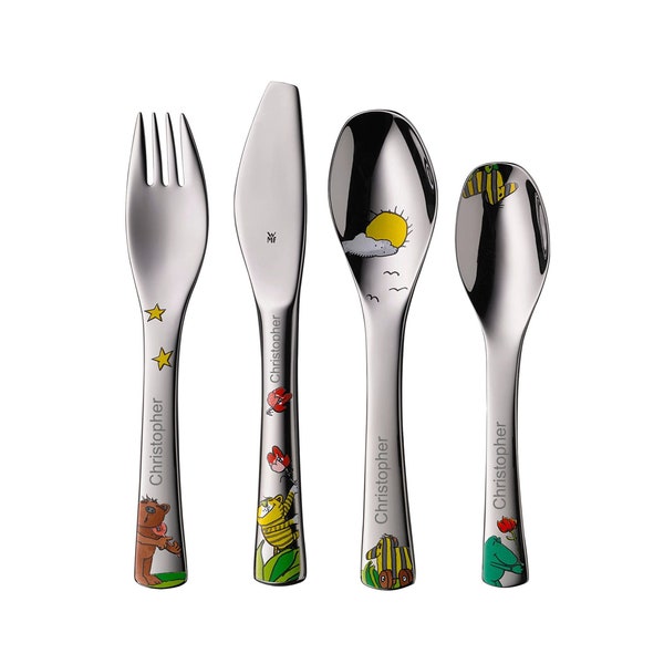 WMF Set 4-teilig Janosch, Taufgeschenke, Geschenke zur Taufe, Namensgravur, Kinderbesteck mit Gravur Namen 4-teilig, Edelstahl