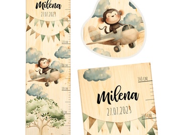 Personalisierte Kinder-Messlatte Safari-Abenteuer - Holz 20x70cm - Skala 80-140cm - Geschenk zur Taufe und Geburtstag - Affe Flugzeug