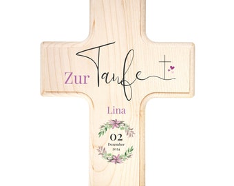 Taufkreuz - personalisiertes Geschenk zur Taufe - Holzkreuz mit Name, Datum und Kranzsymbol - Ersttaufe - Taufgeschenk für Mädchen