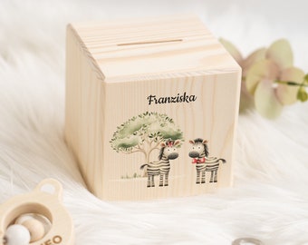 Personalisierte Spardose aus Holz mit süßen Zebras - Perfektes Geschenk zur Taufe oder Geburtstag für kleine Abenteurer - Safari-Sparspaß