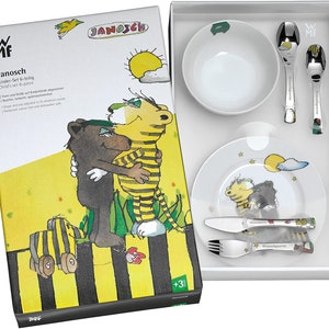 WMF Set Janosch, Taufgeschenke, Geschenke zur Taufe, Namensgravur, Kinderbesteck mit Gravur Namen 6-teilig, Edelstahl Kinderteller Motiv Bild 5