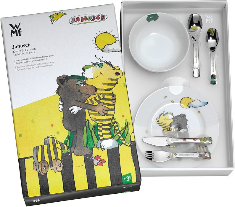 WMF Set Janosch, Taufgeschenke, Geschenke zur Taufe, Namensgravur, Kinderbesteck mit Gravur Namen 6-teilig, Edelstahl Kinderteller Motiv Bild 5