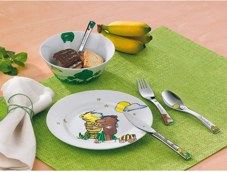 WMF Set Janosch, Taufgeschenke, Geschenke zur Taufe, Namensgravur, Kinderbesteck mit Gravur Namen 6-teilig, Edelstahl Kinderteller Motiv Bild 2