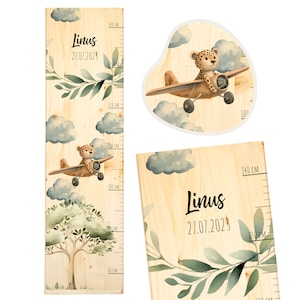 Messlatte Kinder personalisiert - Safari-Abenteuer - Holz 20x70cm - Skala 80-140cm - Geschenk zur Taufe und Geburtstag - Leopard Flugzeug