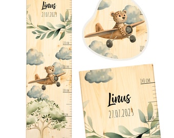 Personalisierte Kinder-Messlatte Safari-Abenteuer - Holz 20x70cm - Skala 80-140cm - Geschenk zur Taufe und Geburtstag - Leopard Flugzeug