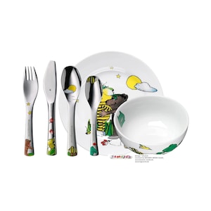 WMF Set Janosch, Taufgeschenke, Geschenke zur Taufe, Namensgravur, Kinderbesteck mit Gravur Namen 6-teilig, Edelstahl Kinderteller Motiv Bild 1