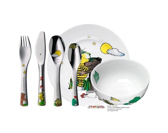 WMF Set Janosch, Taufgeschenke, Geschenke zur Taufe, Namensgravur, Kinderbesteck mit Gravur Namen 6-teilig, Edelstahl - Kinderteller Motiv