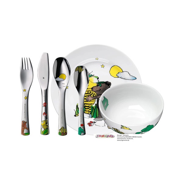 WMF Set Janosch, Taufgeschenke, Geschenke zur Taufe, Namensgravur, Kinderbesteck mit Gravur Namen 6-teilig, Edelstahl - Kinderteller Motiv