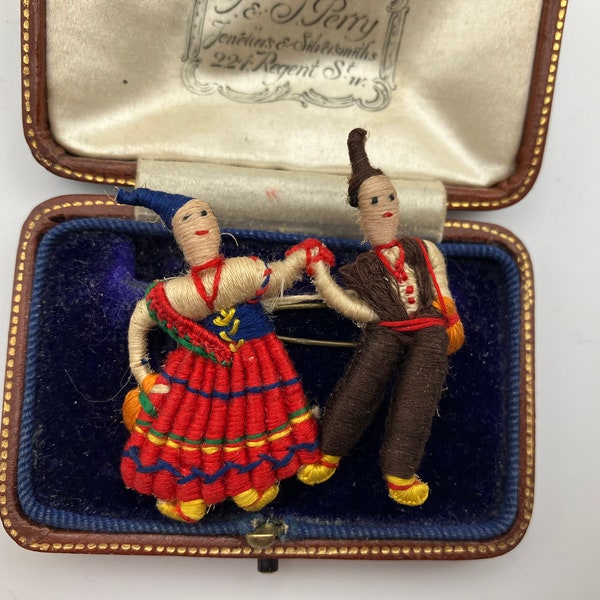 Lovely 1930s vintage hand made fabric brooch - dancing couple Madeira, Portugal