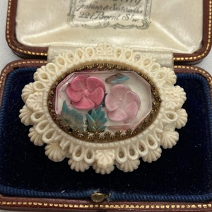 Beautiful 1920s antique French depose celluloid brooch with trombone clasp - flowers